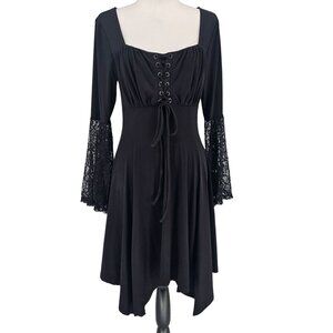 Hot‎ Topic Whimsigoth Black Lace Sleeve Corset Dress M Hanky Fairy Grunge Vamp